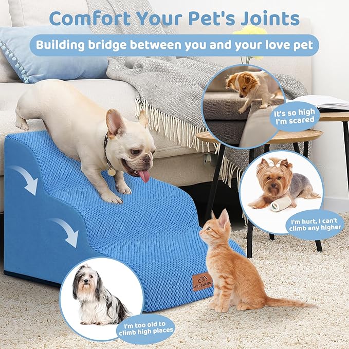 Dog Ramp and Stair for Bed 16" H-20 H,3-Step Cat Stair for Sofa and Chair,4-Step Dog Ramp for High Bed and Window,Durable Nonslip Fabric Cover for Indoor (Blue-16“H, Pet Friendly, 3)-PawvioPets