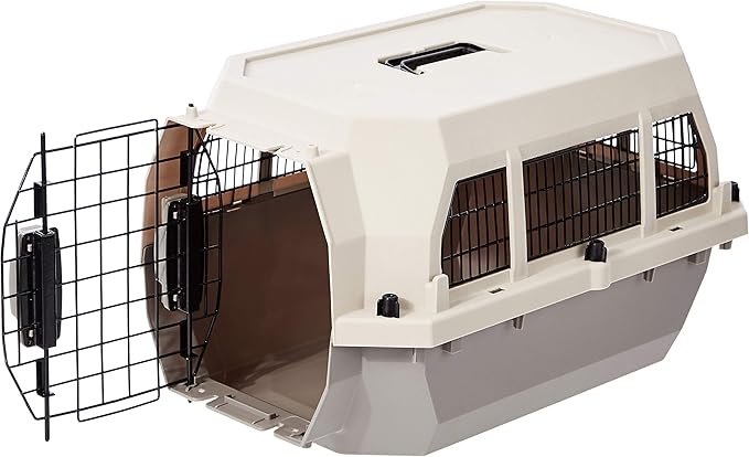 Amazon Basics Hard-Sided Dog and Cat Kennel Single-Door Travel Pet Carrier with Metal Wire Ventilation, 23.6"L x 15.7"W x 13.0"H, Beige-PawvioPets