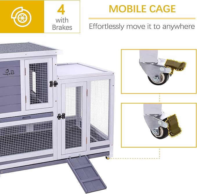 GEGURI Rabbit Hutch, Two-Story Indoor Bunny Cage, Outdoor Guinea Pig Cages for Small Animals with Wheels, Removable Tray-PawvioPets