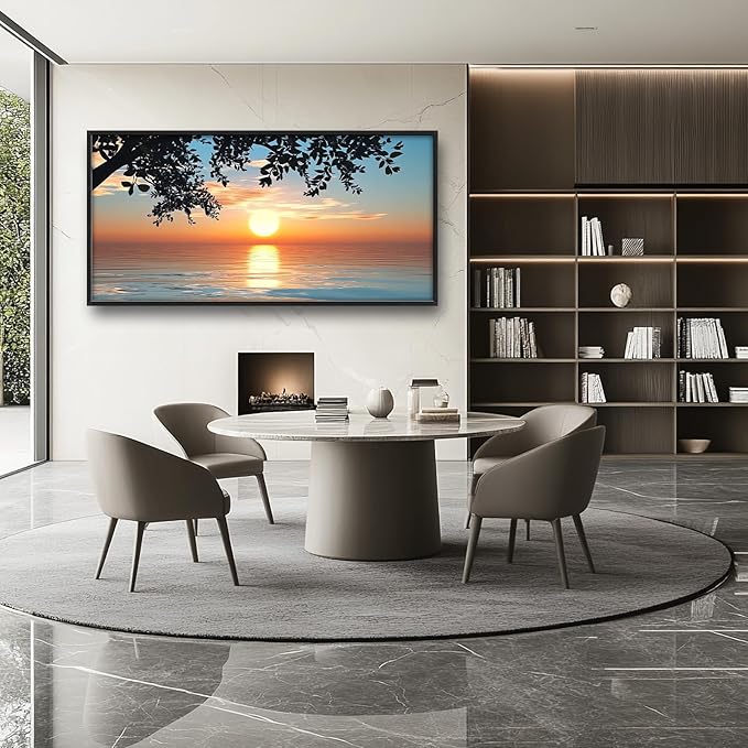 Framed Large Lake Sunset Wall Art, Oversized Natural Landscape Wall Decor for Living Room, Tree Leaves Canvas Painting Pictures Home Decoration for Living Room Bedroom Office 60"x30"-PawvioPets