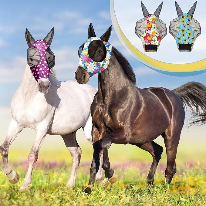 Frienda 4 Pieces Horse Fly Masks with Ears Face Covering UV Protection from Insect Pests Elasticity Smooth Comfortable Mesh Horse Mask Accessories(Flower,Medium)-PawvioPets