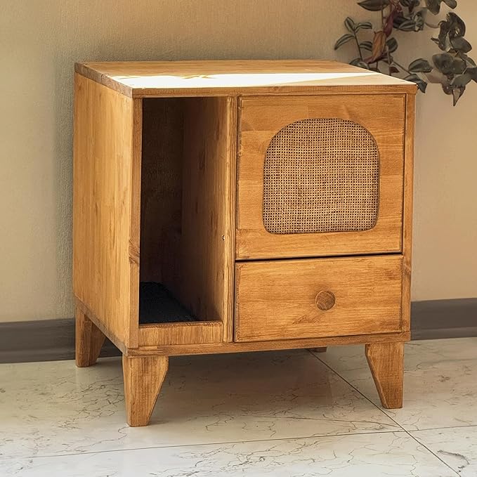 Cat Litter Box | Hidden Litter Box Furniture with Removable Divider | Wooden Cat Washroom Furniture | Indoor Cats House (Wood)-PawvioPets