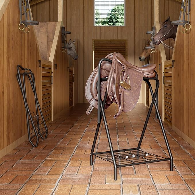 Dunatou Saddle Rack Freestanding Saddle Stand Foldable Horse Saddle Storage Rack Full Size Saddle Pad Rack Horse Blanket Holder Heavy Duty Saddle Holder for English and Western Horse Saddles, Black-PawvioPets