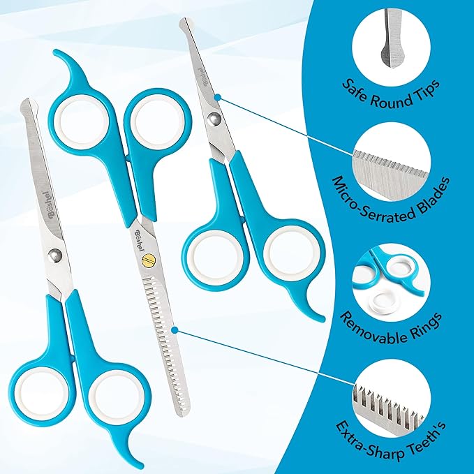 BOSHEL 3 Pc Dog Grooming Scissors Kit - 7" Scissor For Body Hair Trimming, 6" Small Micro-serrated Scissor For Face, Ear, & Paws, Thinning Shears For Dogs - Professional Dog Grooming Kit For Cat & Pet-PawvioPets