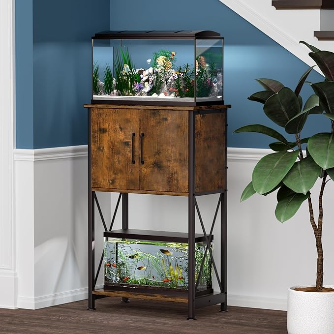 5-10 Gallon Fish Tank Stand, Metal Double Aquarium Stand with Cabinet for Fish Tank Accessories Storage, Heavy Duty 20.5" L* 11.02" W Tabletop, 500LBS Capacity Rustic Brown and Black PG06YGN-PawvioPets