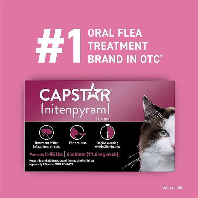 CAPSTAR (nitenpyram) Oral Flea Treatment for Cats, Fast Acting Tablets Start Killing Fleas in 30 Minutes, Cats 2-25 lbs, 6 Doses-PawvioPets