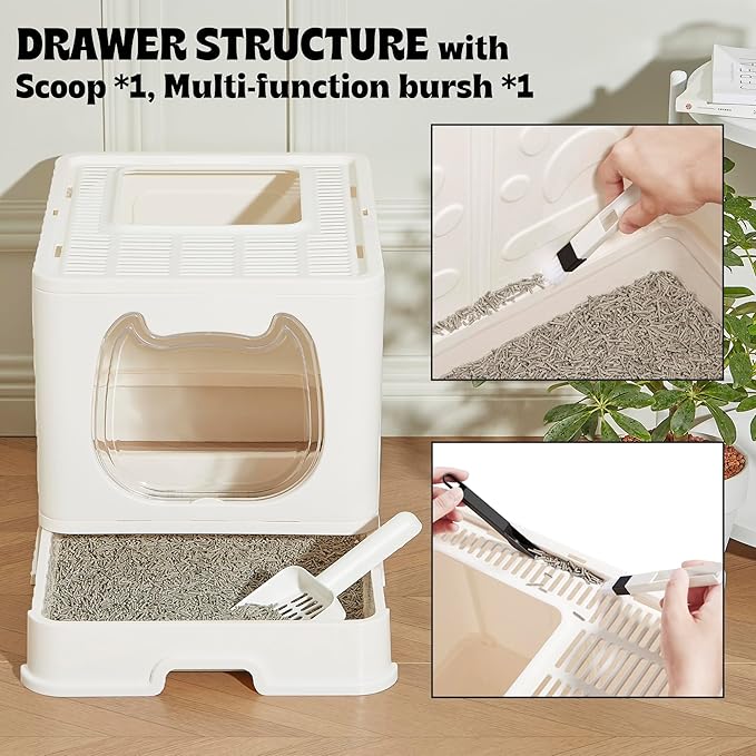 Gefryco Foldable Cat Litter Box with Lid,Covered Litter Box for Small and Medium Cats, Enclosed Cat Potty with Scoop and Brush, Top Entry Cute Kitten Litter Tray with Drawer and Top Cover(White)-PawvioPets