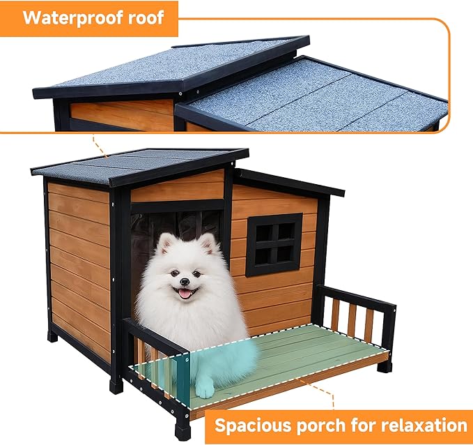 GARWOOD Large Outdoor Indoor Wooden Dog House for Small Large Dog Kennel Wood Sturdy Pet Puppy Warm Home with Durable Weatherproof Asphalt Roof Insulated Elevated Floor Outside Shelter Brown 39x37x30“-PawvioPets