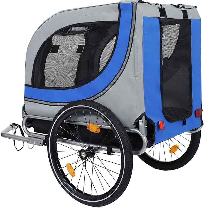 Blue-Grey Large Folding Bike Trailer for Dogs – Heavy-Duty Steel Frame, 66LB Capacity Pet Carrier for All-Terrain Cycling, Jogging & Camping Adventures!-PawvioPets