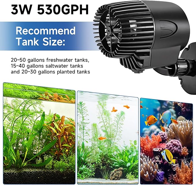 AQQA Wave Maker Pump, 530GPH Aquarium Circulation Pump 360 Degree Rotatable Submersible Powerhead Pump with Magnet Suction Base for Marine and Freshwater Aquariums（3W)-PawvioPets