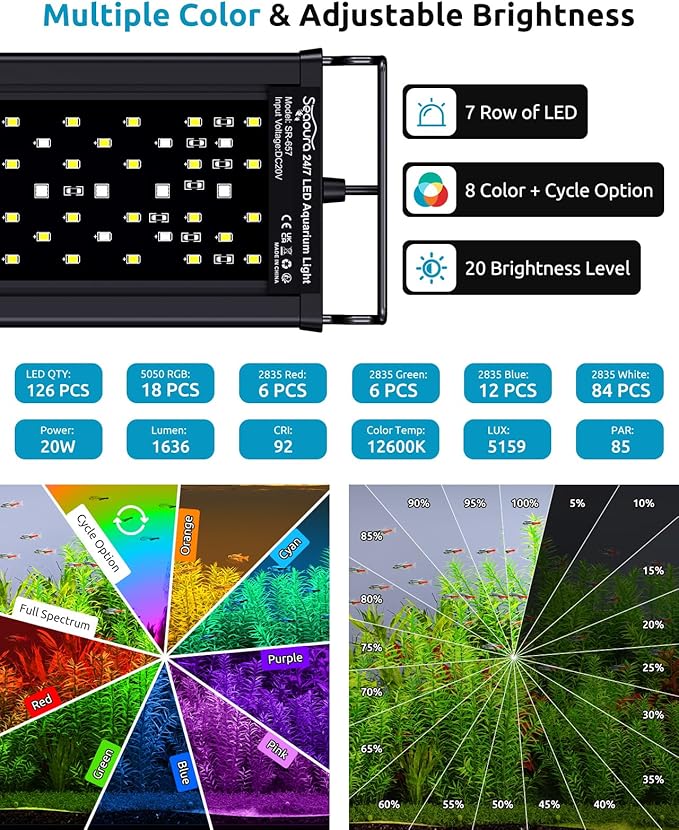 Aquarium Plant Light, 24/7 Programmable, Power-Off Memory, 7-Row LED 18-24in SEAOURA Full Spectrum Fish Tank Lights, 8 Colors, 20 Brightness Dimmable, Day & Night Cycle, Adjustable Bracket-PawvioPets