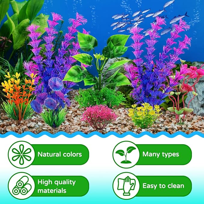 Fish Tank Accessories Aquarium Decorations Plants, 9pcs Colorful Fish Tank Artificial Plants and Cave Rock Decor Set, Aquarium Decor Plastic Plants-PawvioPets