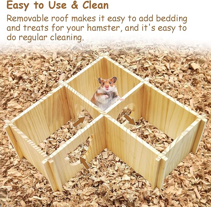 Fhiny Wooden Hamster House, Multi-Chamber Hamster Hideout & Tunnel Detachable Activity Room Exploring Toys Rats Habitat Decor for Dwarf Hamsters Gerbils Mice Lemmings (Small)-PawvioPets