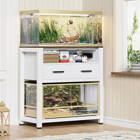 20-29 Gallon Fish Tank Stand with Power Outlet & 2 Storage Drawers, Heavy Duty Metal Frame Aquarium Stand with Waterproof Mat, 30.7" L*15.7" W Tabletop, 550LBS Capacity, White+Brown-PawvioPets