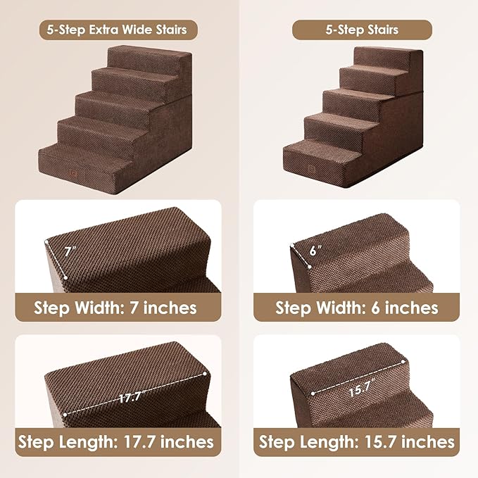 EHEYCIGA Dog Stairs for High Bed 25" H, 5-Step Extra Wide Dog Steps for Bed, Pet Steps for Small Dogs and Cats, Non-Slip Balanced Pet Ramp Indoor, Brown-PawvioPets