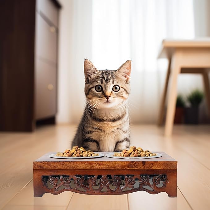 Elevated Pet Feeder for Dogs and Cats - Scroll Carved Wood Raised Dog Bowl Stand - Pet Feeding Stand with Two Steel Bowls - Raised Dog Bowl for Food and Water - Pet Feeding Station -17x11x4- IRONGATE-PawvioPets