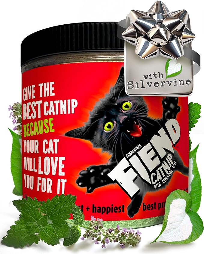 Fiend Catnip + Silvervine for Cats & Kittens Safety-Cut Premium Fine Cat Nip Blend with Vegan Silvervine + Sticker – Ultra Potent, North American – 1 Cup (34.5g) Go Ahead, Create a Monster!-PawvioPets