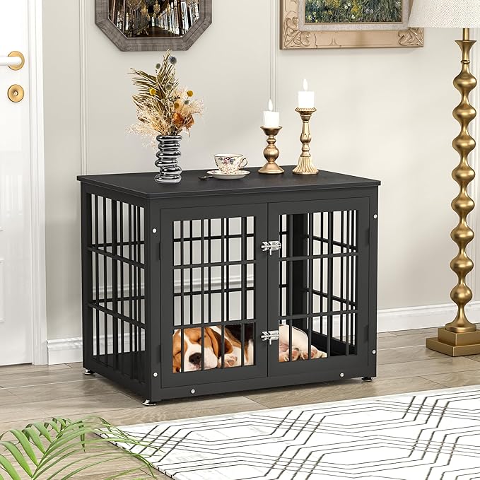 32 Inch Heavy Duty Dog Crate Furniture for Medium and Small Dogs, Decorative Pet House End Table, Wooden Cage Kennel Furniture Indoor, Black-PawvioPets