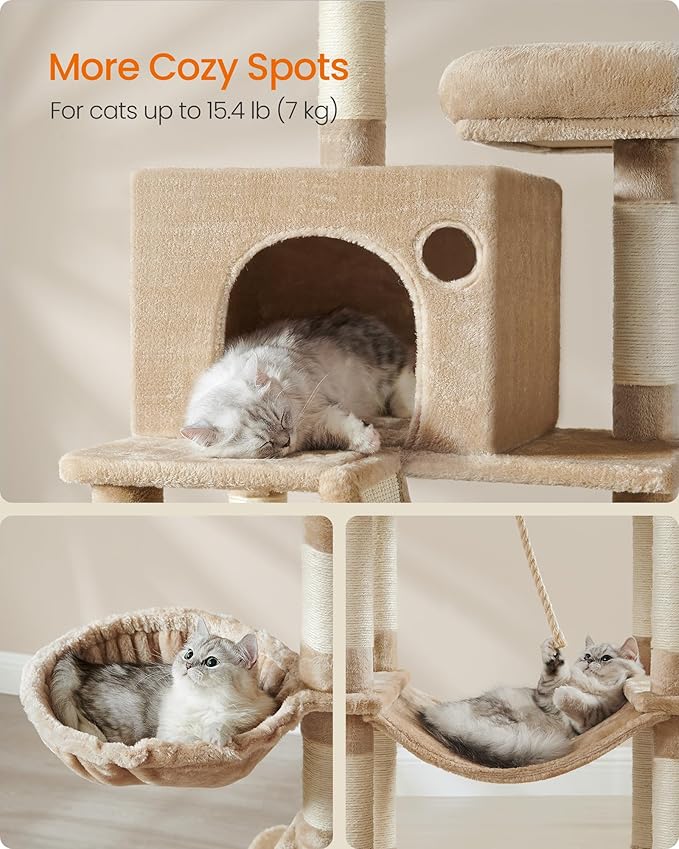 Feandrea Cat Tree, 81.1-Inch Large Cat Tower with 13 Scratching Posts, 2 Perches, 2 Caves, Basket, Hammock, Pompoms, Multi-Level Plush Cat Condo for Indoor Cats, Camel Brown UPCT190K01-PawvioPets