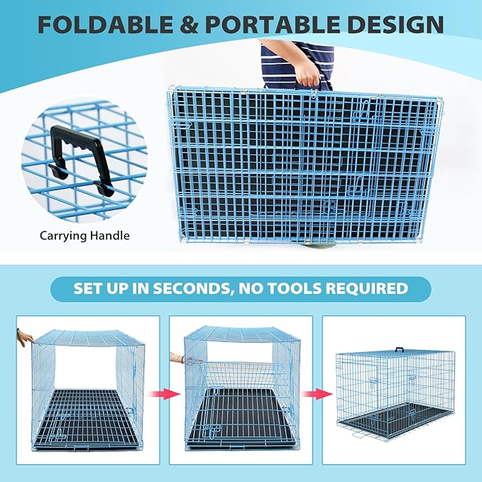 BestPet | Dog Crate | 36" | Blue | Foldable Metal Kennel with Double Doors, Secure Slide-Bolt Latches, Leakproof Tray | Portable Dog Cage for Medium Sized Breeds | for Travel, Indoor & Outdoor Use-PawvioPets