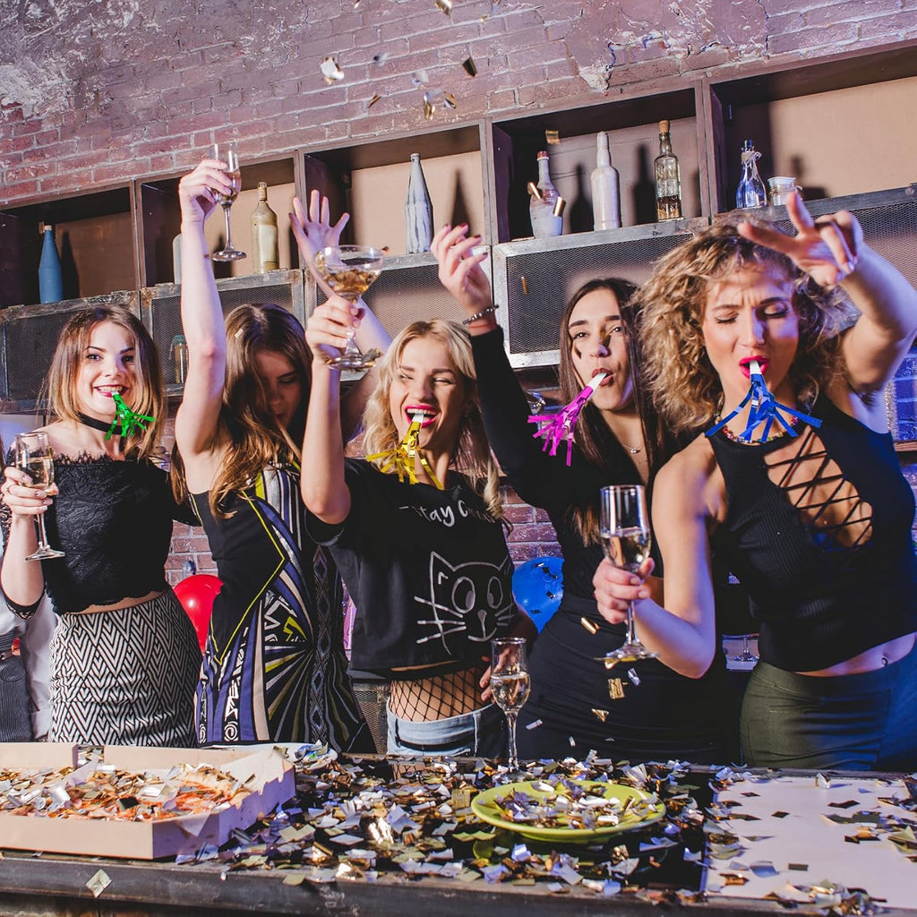 Party Blowers, 24 PCS New Years Noise Makers, Gold Silver Glitter Metallic Fringed Party Blowouts, Blow Horns Whistles for Kids Birthday Graduations Christmas Weddings Family Sporting Events Supplies