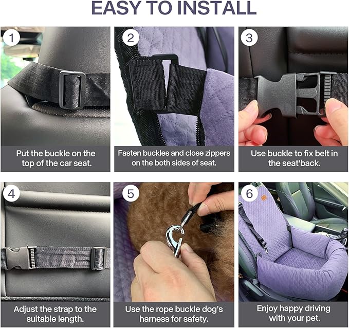 Dog Car Seat for Small Medium Dogs Up to 40lbs, Detachable Washable Soft Pet Booster Travel Bed for Front & Purple Seat with Safety Leash Belt-PawvioPets