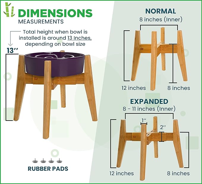 Dog Bowl Stand (12-inch High) - Ideal for Large Breeds - Adjustable Sideways, Slanted Feet - Elevates, Raises Pet Food Feeders, Water Dishes, Fountains, Dispensers - Bamboo Stand Only-PawvioPets