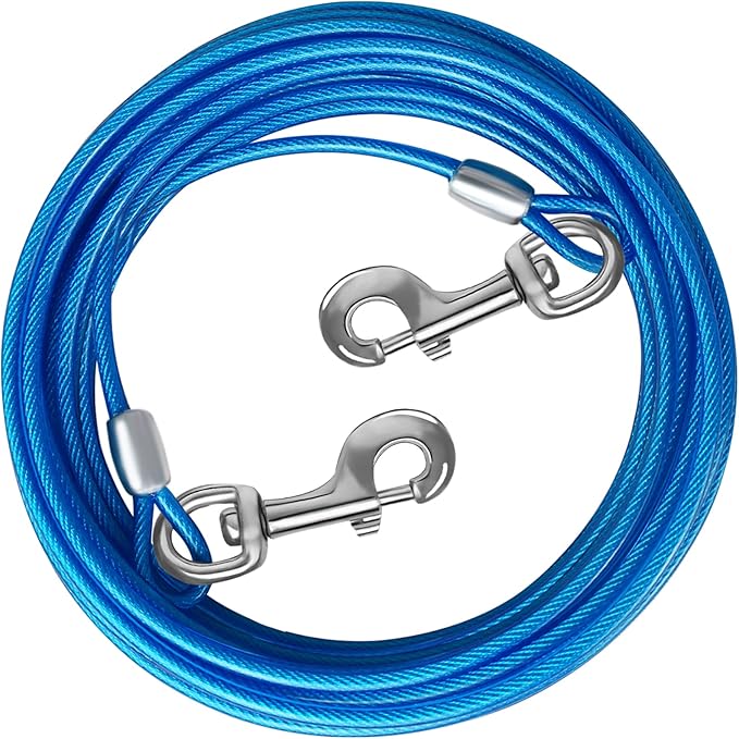 Dog Tie Out Cable - 10/15/20/25/30 FT Blue Steel Wire Cable with Durable Clips - Large Dog Lead for Outside Use - Up to 165 lbs-PawvioPets