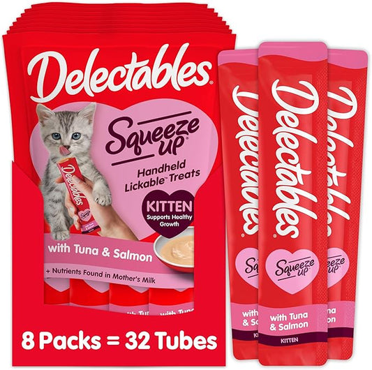 Delectables Squeeze Up Kitten Creamy Squeezable Puree, Lickable Wet Cat Treats, Grain Free, No Added Fillers, No By-Products, No Added Preservatives, 0.5 Ounces Tube Tuna & Salmon, 32 Tubes Total-PawvioPets