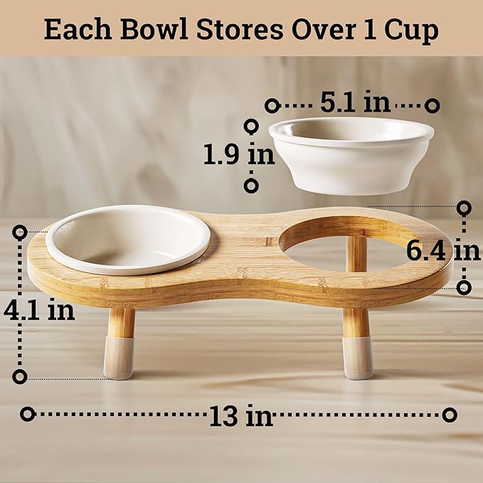 Elevated Cat Bowls - Set of 2 Ceramic Pet Food Bowls with Anti-Slip Bamboo Stand - 15 Degree Titled - Raised Dog Bowl for Small Dogs - Raised Cat Bowl Stand - Pet Feeding Station for Cats & Small Dogs-PawvioPets