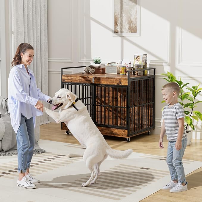Dog Crate Furniture Large Breed with 2 Stainless Steel Bowls, Large Wooden Dog Crate Table, Escape-Proof & Chew-Proof XL Furniture, Decorate House As TV Stand, End Table, 45" L X 30" W 37" H-PawvioPets
