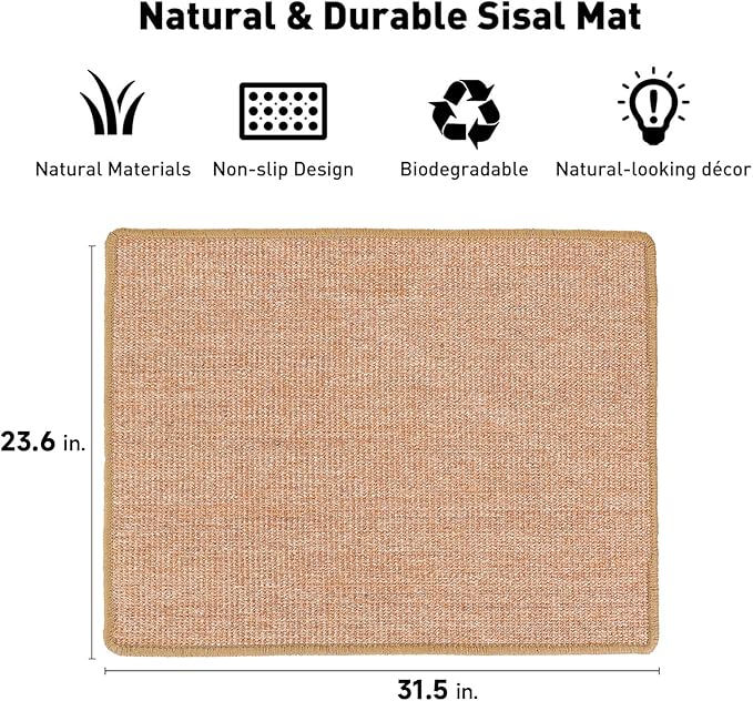 FUKUMARU Cat Scratcher Mat, 23.6 X 31.5 Inch Natural Sisal Cat Scratch Mats, Horizontal Cat Floor Scratching Pad Rug, Protect Carpets and Sofas Brown-PawvioPets