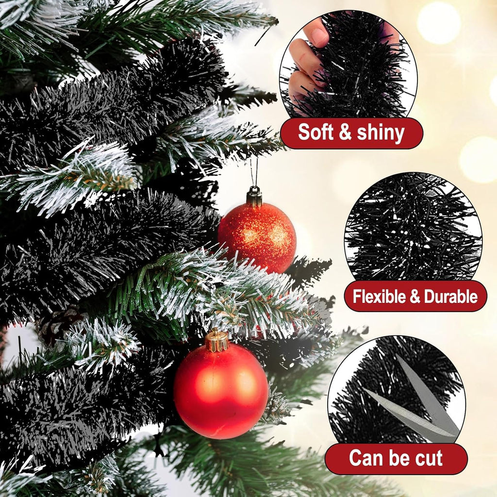 25 Feet Black Christmas Tinsel Garland, Metallic Foil Twist Garland Wall Hanging Tinsel Banner Backdrop for Parade Floats, Easter, Mother's Day, Birthday Party Decorations (4in x 25ft)