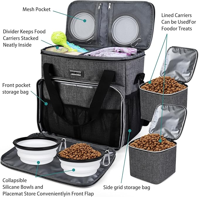 BAGLHER Dog Travel Bag, Pet Travel Bag (ALL Pet Travel Supplies), With 2 Pet Food Containers and 2 Collapsible Silicone Bowls; Essential Kits for Pet Travel Grey-PawvioPets