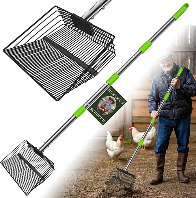 12inch Large Chicken Poop Scooper，2 Widths of Slots Litter Sifting Shovel （23 to 66"），Chicken Coop Litter Scoop with Stainless Steel Handle, 4 in 1 Multifunctional Heavy Duty Chicken Coop Accessories-PawvioPets