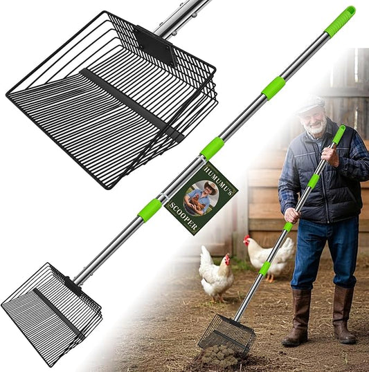 12inch Large Chicken Poop Scooper，2 Widths of Slots Litter Sifting Shovel （23 to 66"），Chicken Coop Litter Scoop with Stainless Steel Handle, 4 in 1 Multifunctional Heavy Duty Chicken Coop Accessories-PawvioPets
