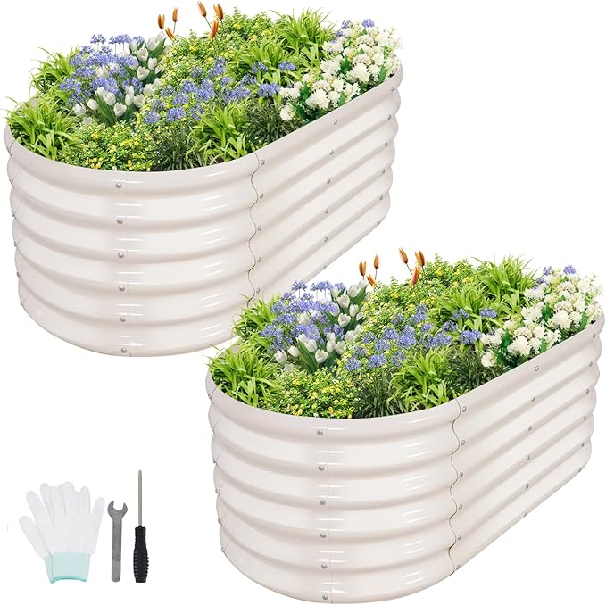 Galvanized Raised Garden Bed Outdoor- 2 Pcs Raised Beds for Gardening| Metal Planter Box, Steel Raised Garden Bed Kit with Gloves for Vegetables, Flower, Herbs (4x2x1.4FT, White)-PawvioPets