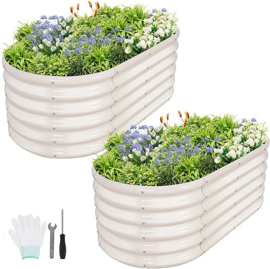 Galvanized Raised Garden Bed Outdoor- 2 Pcs Raised Beds for Gardening| Metal Planter Box, Steel Raised Garden Bed Kit with Gloves for Vegetables, Flower, Herbs (4x2x1.4FT, White)-PawvioPets