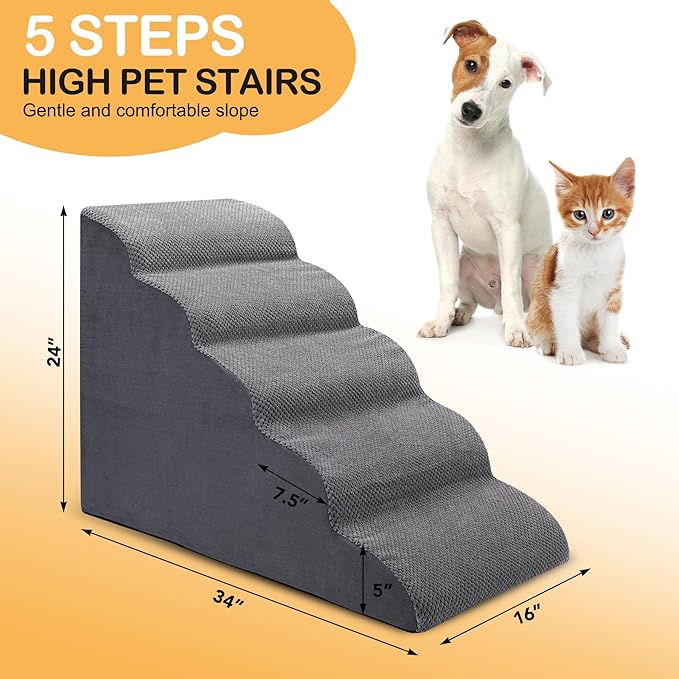 Dog Stairs for Bed, 5 Tier Dog Steps for Couch and High Bed, Non-Slip Pet Stairs, 24" High Sofa Foam Ramp - Best for Small Pets, Older Cats with Joint Pain-PawvioPets