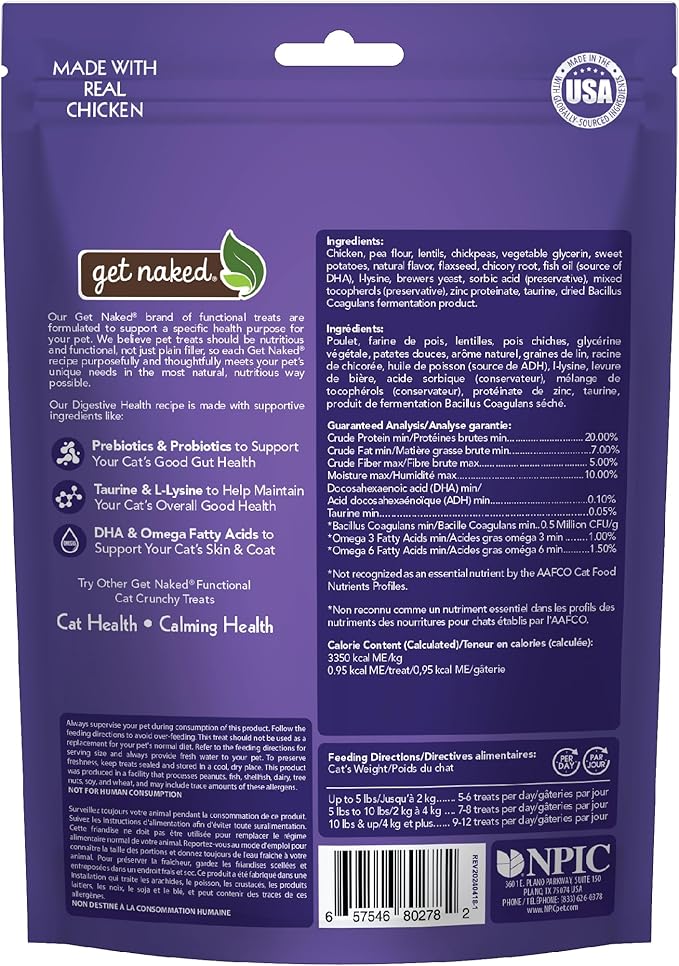 Get Naked Digestive Health Crunchy Cat Treats 2.5oz - Chicken Flavor, Grain-Free Cat Probiotics for Indoor Cats, Supports Healthy Digestion, Dental Health & Immunity, Made in The USA-PawvioPets