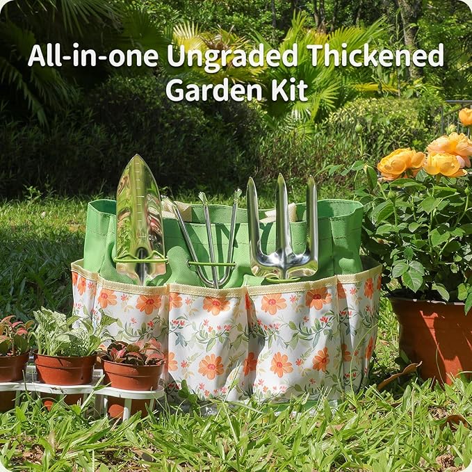 Gardening Tools 10-Piece Heavy Duty Stainless Steel Hand Tools with Durable Garden Tools Storage Tote,Rust-Proof Garden Tool Set, Ideal Gardening Gifts for Women Yellow Floral Pattern Design-PawvioPets