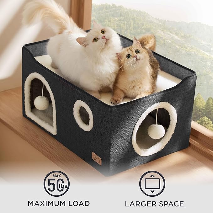 Bedsure Large Cat Beds for Indoor Cats - Extra Wide Cat Cube House for Small Pet with Fluffy Ball Hanging and Scratch Pad, Foldable Pet Cave Hideaway for Multiple Cats, 23.6x16.9x13 inches, Dark Grey-PawvioPets
