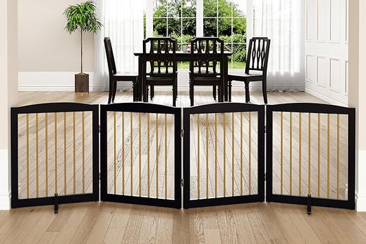 Freestanding Pet Gate for Dogs, Foldable Wooden Dog Gate for House, Indoor Dog Gate for Stairs, Doorways, Step Over Pet Puppy Safety Fence, 80 Inch Wide, 4 Panels 24", Black & Gold-PawvioPets