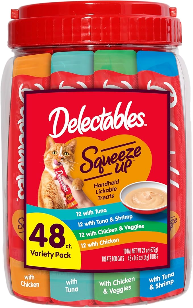 Delectables Squeeze Up Variety Pack, Creamy Squeezable Puree, Lickable Wet Cat Treats, Grain Free, No Added Fillers, No by-Products, No Added Preservatives, 0.5 Ounces Tube, 48 Tubes Total-PawvioPets