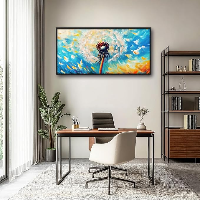 Extra Large Abstract Dandelion Framed Wall Art for Living Room,Oversized Colorful Dandelion Flower Pictures Wall Decor,Blue Canvas Print Painting Modern Artwork Bedroom Office Bathroom 60L" x 30W"-PawvioPets