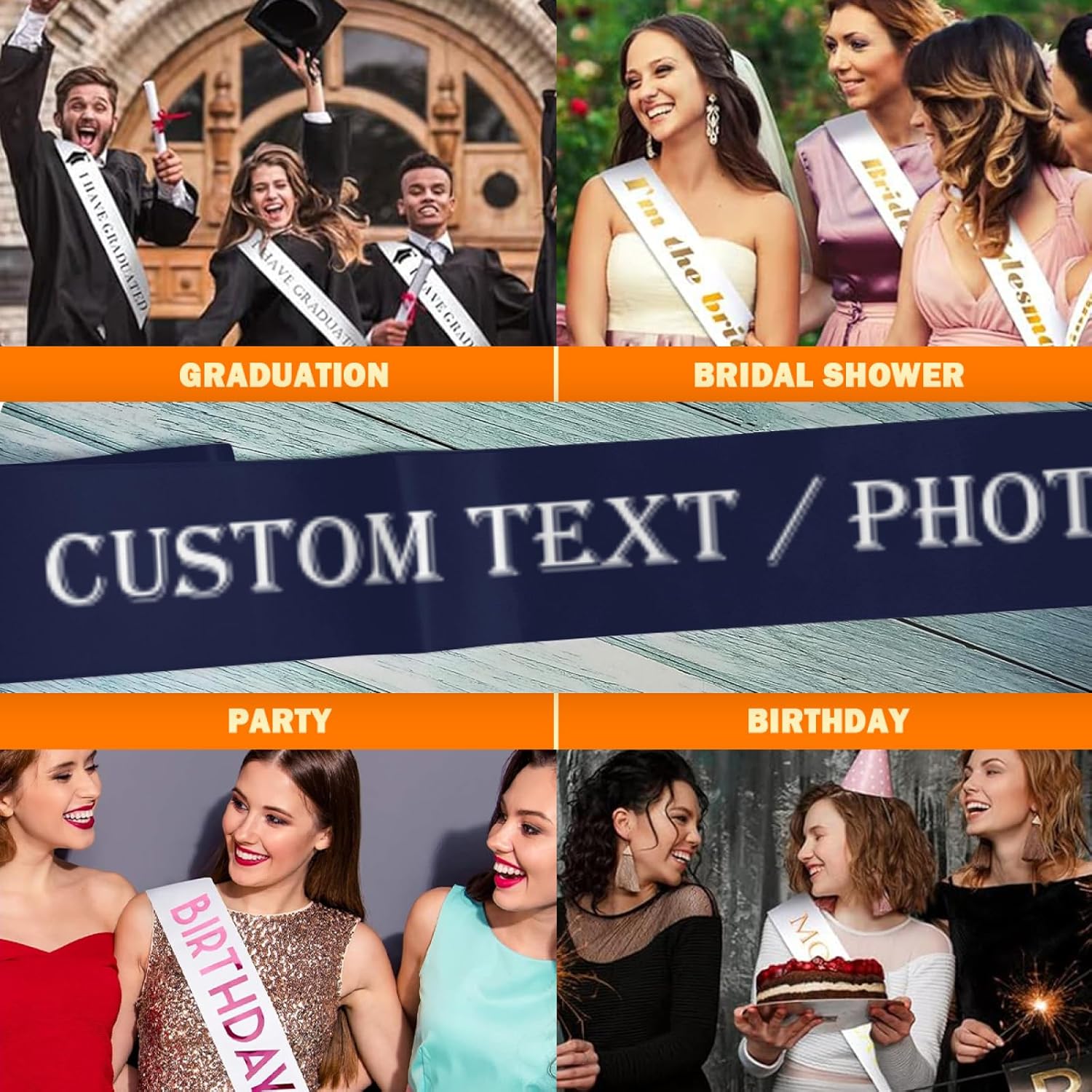 Custom Sash,Personalized Birthday Sash with Text Photo,Customized Bachelorette Sash Quote Sash Bride to Be Sash Color Optional (No decorative edge, Dark Blue)
