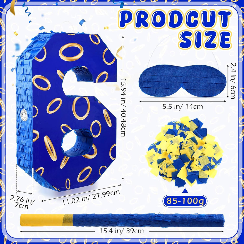 Number 6 Blue and Golden Rings Piñata for Kids Birthday Cartoon Theme Small Piñata with Blindfold Stick Confetti for Fiesta Cinco De Mayo Party Decor, 15.8 x 11 x 2.8 Inch