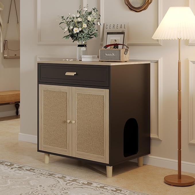 Cat Litter Box Enclosure Furniture Hidden - Indoor 2-in-1 Wooden Cat House & Washroom Cabinet with Scratching Board Doors and Drawer, 31.5”x21.6”x34.6”, Black-PawvioPets