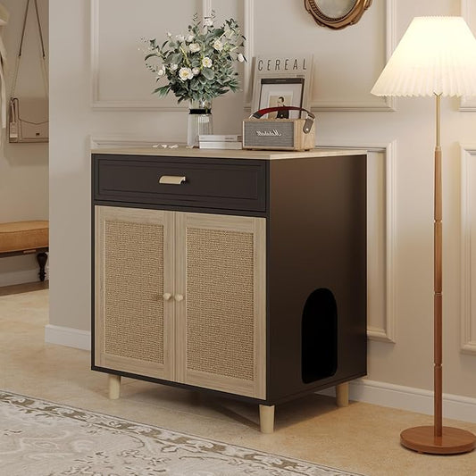 Cat Litter Box Enclosure Furniture Hidden - Indoor 2-in-1 Wooden Cat House & Washroom Cabinet with Scratching Board Doors and Drawer, 31.5”x21.6”x34.6”, Black-PawvioPets