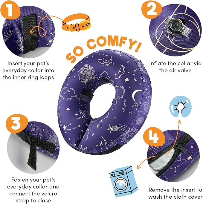 BENCMATE Inflatable Dog Cone Collar Alternative, Soft Dog Cone for Small Medium Large Dogs and Cats, Neck Recovery ECollar Donut Collar After Surgery (Small, Constellation)-PawvioPets